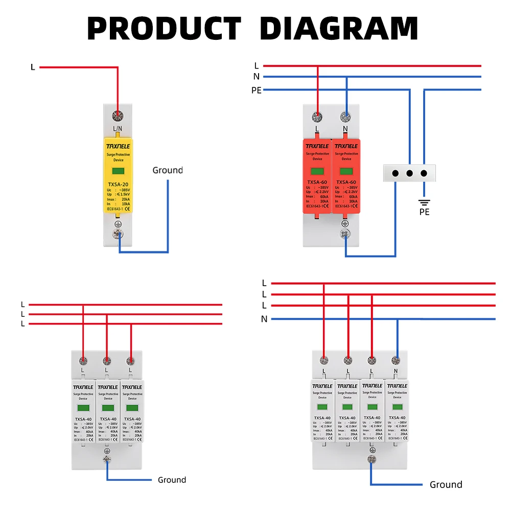 AC SPD 1P 2P 3P 4P 20KA 40KA 60KA 385V House Lightning Surge Protector Protective Low-voltage Arrester Device 10KA 30KA