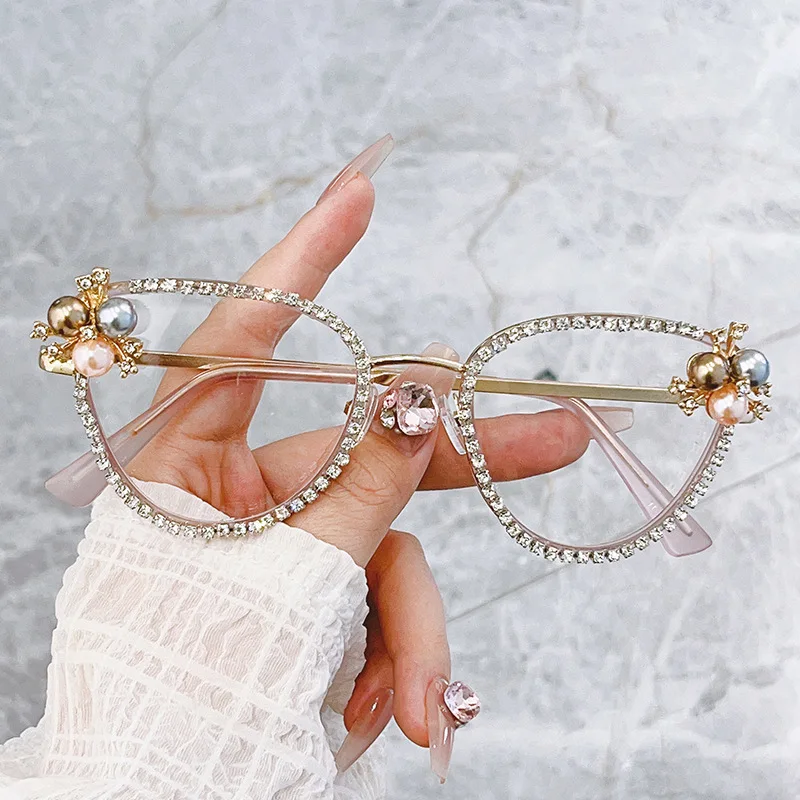 Flash Luxury Glasses Frame Women Pearl Diamond Cat Eye Anti Blue Light Glasses For Party Fashion Blogger Photography Eyeglasses