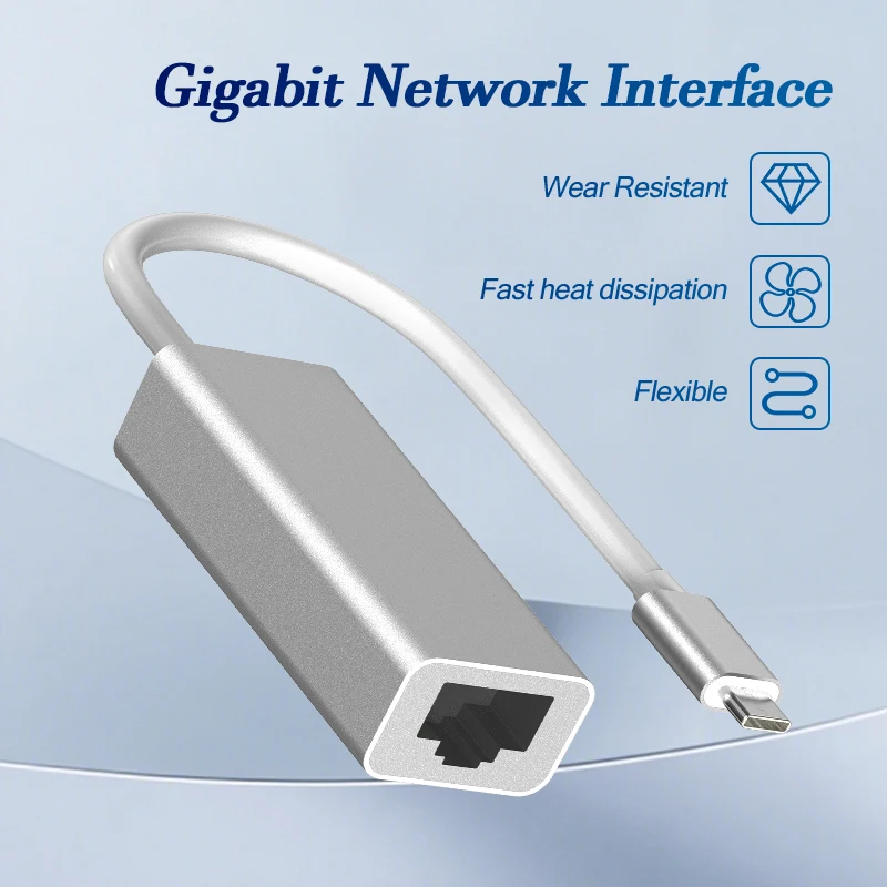 

Серебристый адаптер USB-C Gigabit Ethernet, 1000 Мбит/с, RJ45, износостойкий, с быстрым охлаждением, вращающийся кабель для ноутбуков, настольных ПК, домашнего офиса