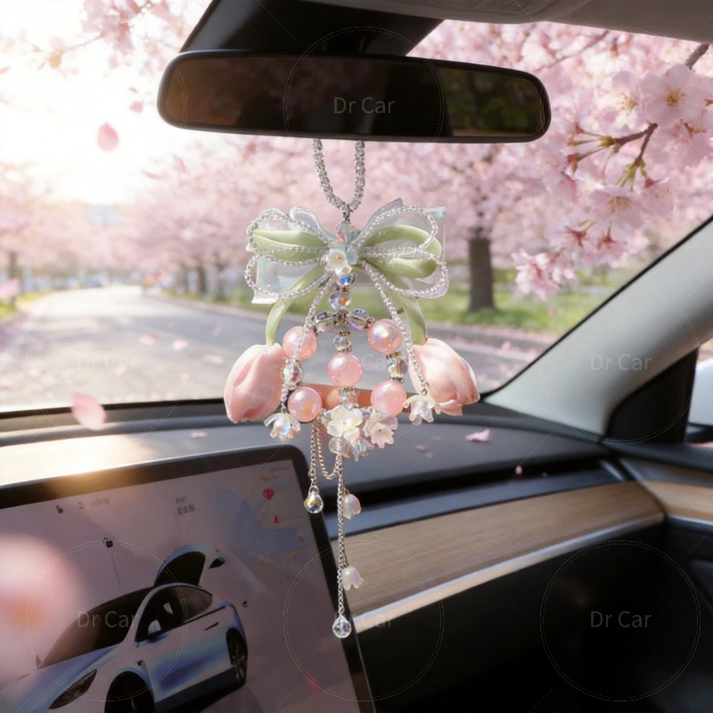 New Creative Crystal Car Pendant,Bowknot & Tulip Car Charm,Premium Handcrafted Romantic Rearview Mirror Decoration