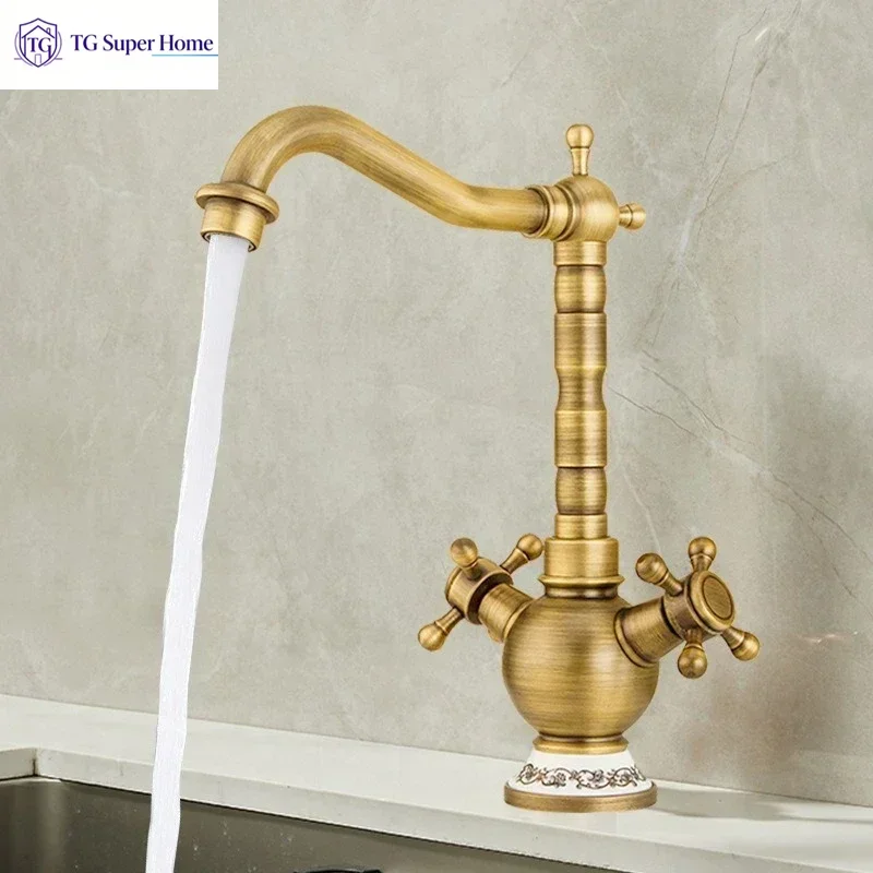 Vintage Brass Luxury Double Handle Kitchen Faucet Hot Cold Splash Proof Water Tap Home Kitchen Sink Washing Basin Retro Luxury