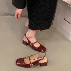 Claret Square Heel Fashion Women's Sandals Mid Heel Sandals Buckle Strap Brand Women's Shoes