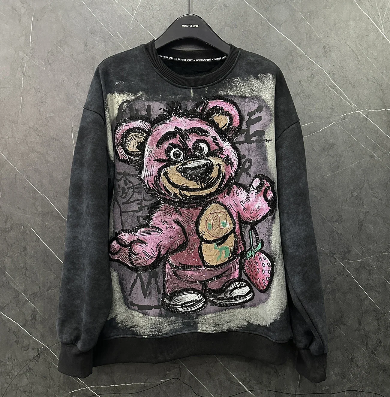 Oso de dibujos animados industria pesada estampado de lentejuelas polar cuello redondo pulóver sudaderas mujeres 2024 Otoño e Invierno nuevo Top suelto