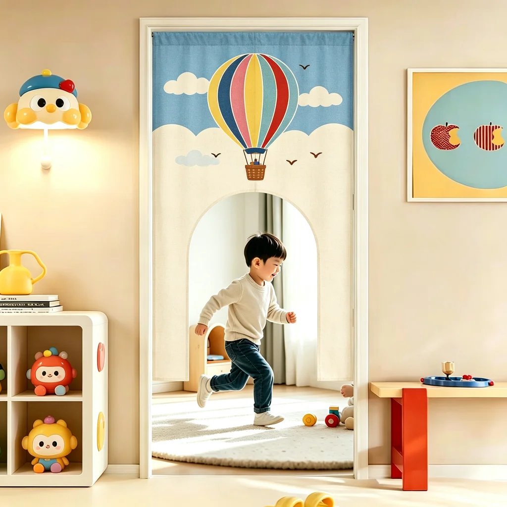 VIKAMA Hot Air Balloon Arched Half Door Curtain Kids Room Bedroom Nursery Cotton Linen Short Curtain Privacy Partition Decor