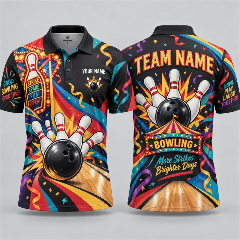 Custom Bowling Polo Shirt Personalized Name Team Name Colorful Graphic Short Sleeve Jersey League Tournament Sports Team Uniform