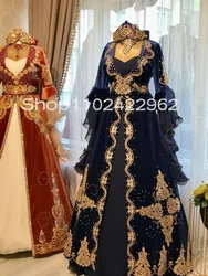 Royal Navy Blue Velvet Kaftan Prom Occasion Dresses with Long Sleeve Ankara Istanbul Caftan National Lace Crystal Evening Gown