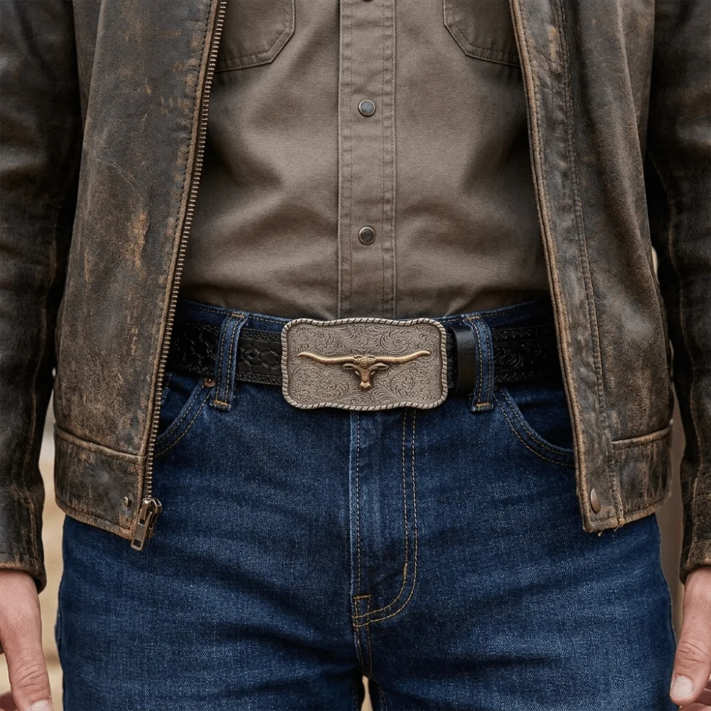 Fashion PU Leather Western Cowboy Belt Luxury Design Trendy Brand Bull Buckle Belt Floral Engraved Waist Strap for Men