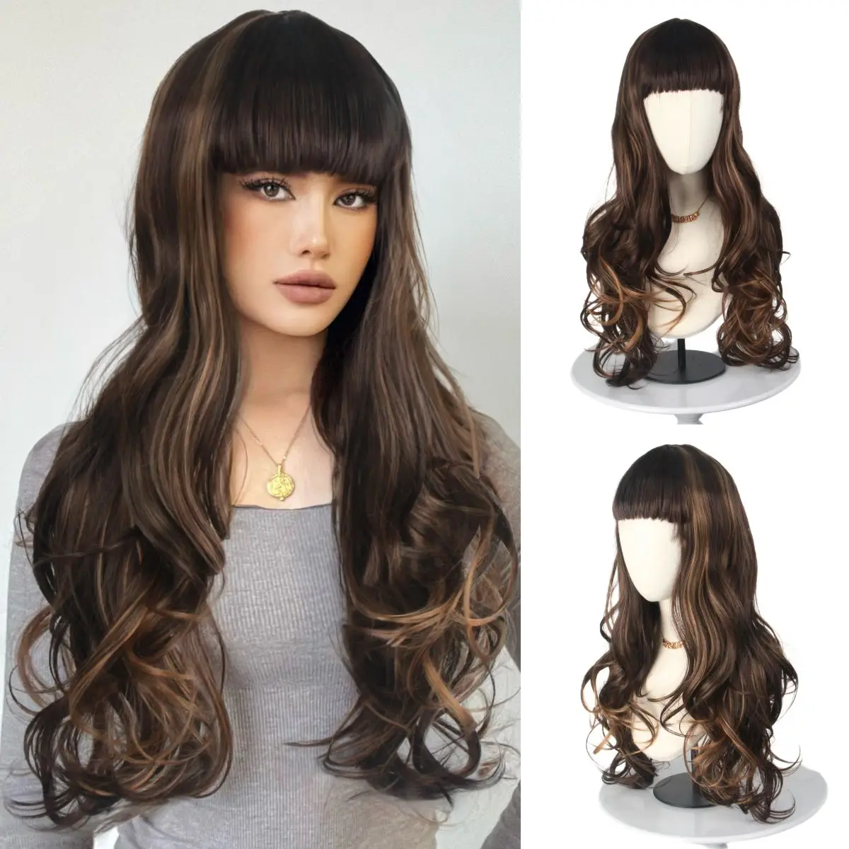 2024 New Women's Highlight Brown Long Body Wave Daily Synthetic Wig With Bangs