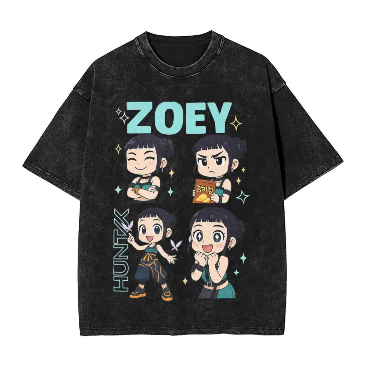 

Kpop Demon Hunters Zoey Huntrix Girls Washed Футболка Мужские потрясающие хлопковые футболки Пляжные модные футболки с круглым вырезом Свободные топы большого размера
