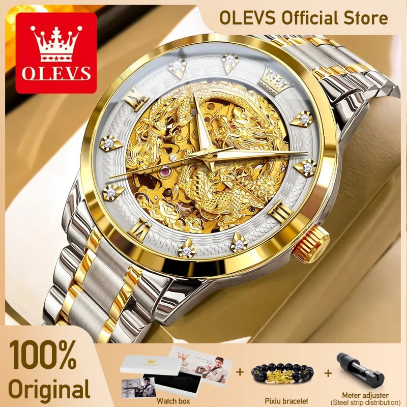 OLEVS 7027 Watches For Men Top Brand Fashion Original  for Man  Zircon Scale China Loong Dragon Dial Waterproof Luminous Date