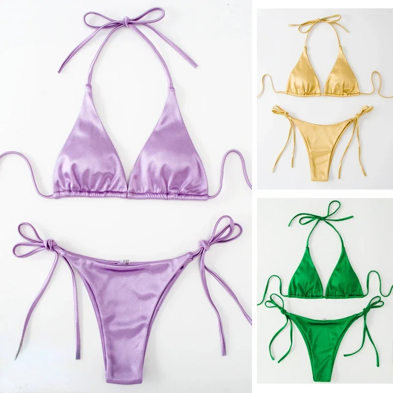 

Sexy Halter Satin Brazilian Bikini Women Swimwear Female Swimsuit Micro Thong Bikini Set Bather Bathing Suit Swim Lace Up Bikini