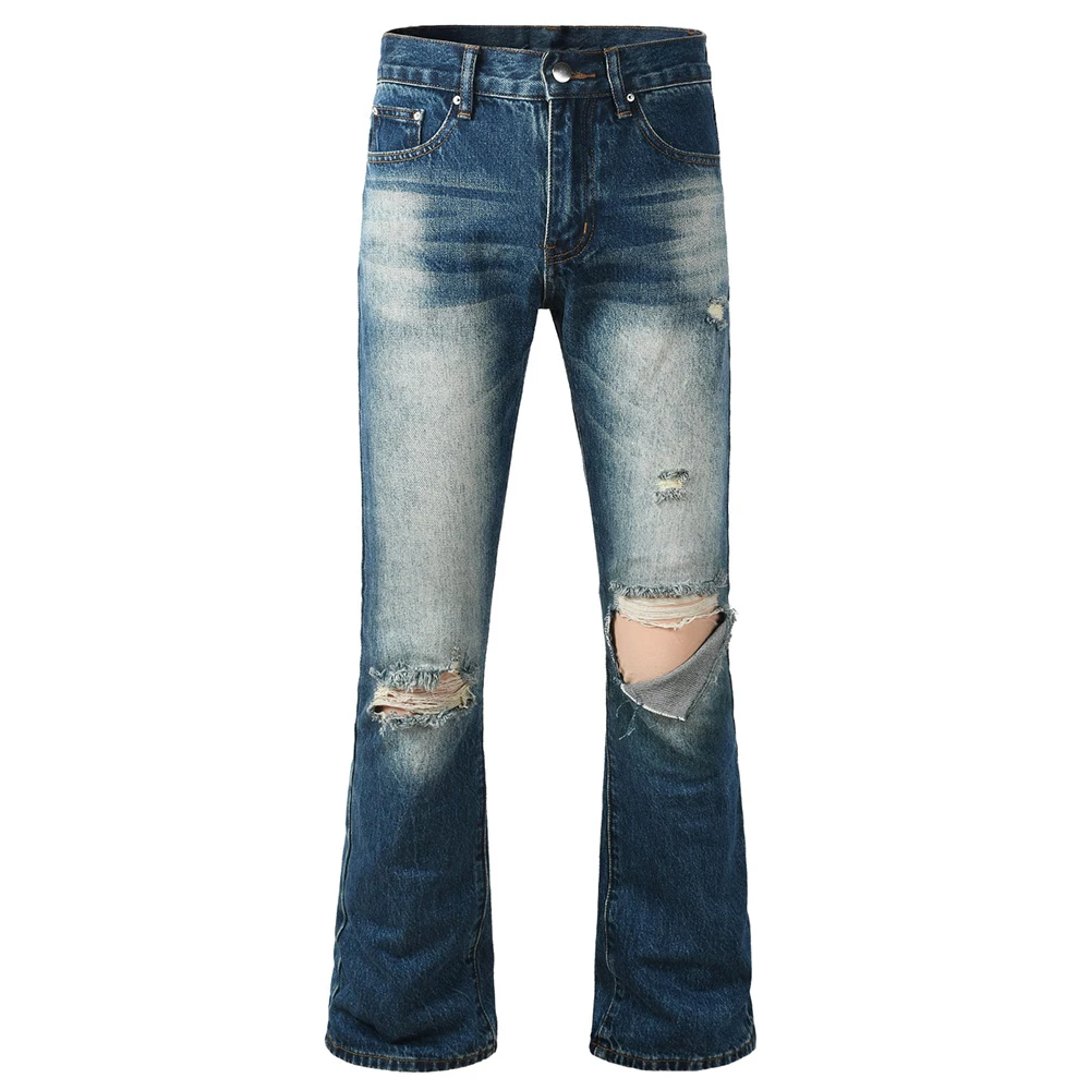 

Men's Denim Flared Jeans Streetwear Holes Ripped Blue Cotton Pants Loose Boot Cut Trousers for Tall High Quality