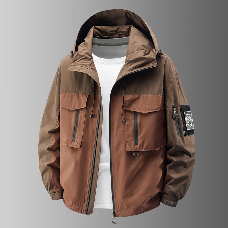 

New Fashion Men Outdoor Hooded Multi-pockets Loose Cargo Coats Man Trendy Casual Tooling Jackets Male Windproof Jackets Size 6XL