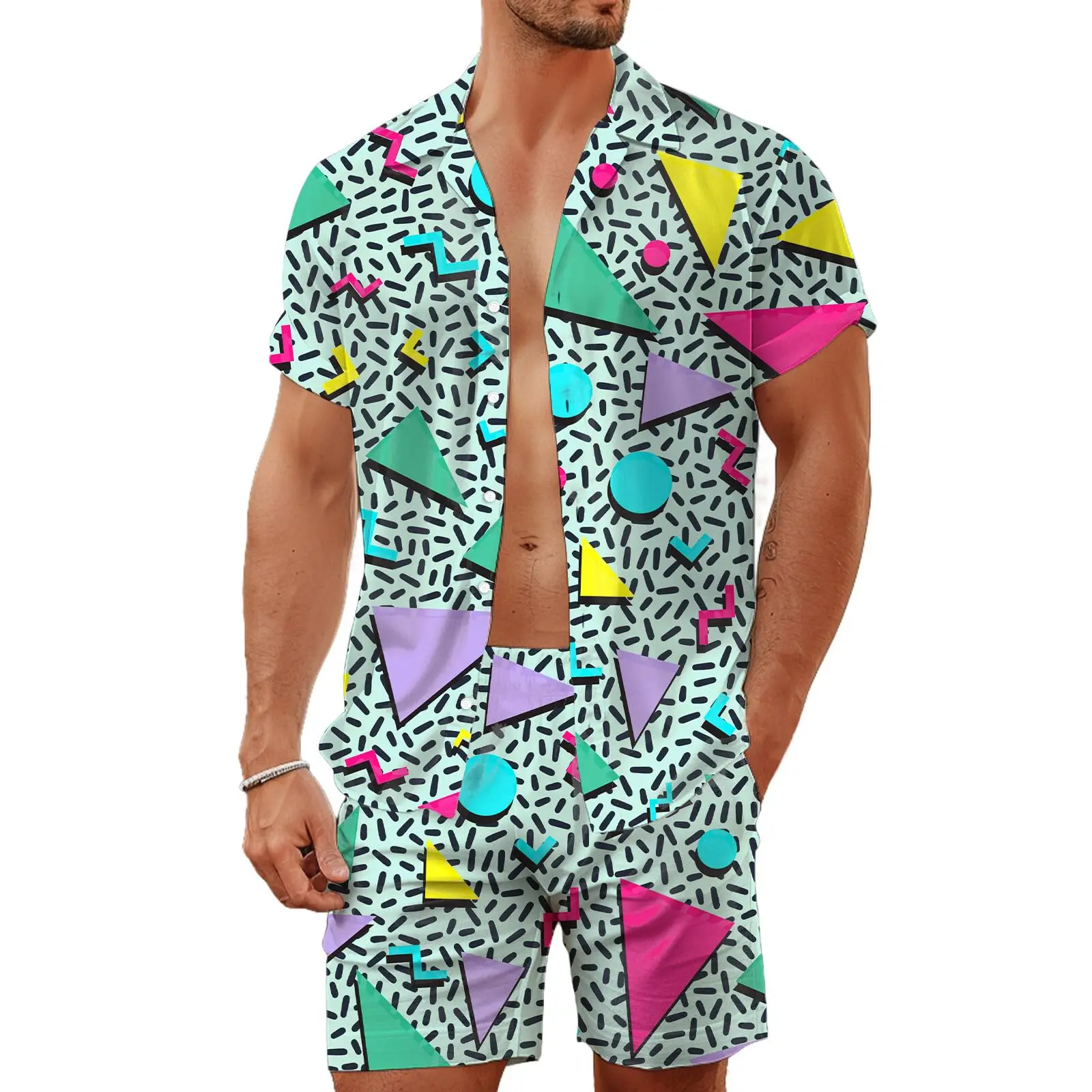 Summer Irregular Geometric 3D Print Men Shirt Sets Fashion Short Sleeve Shirt Beach Shorts Streetwear Hawaiian Suits Clothes - view 4