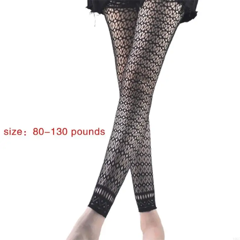 Y5GC Women Sexy High Waist Fishnet Footless Leggings Flower Jacquard Patterned Mesh Net Tights Black Ankle Length Pantyhose