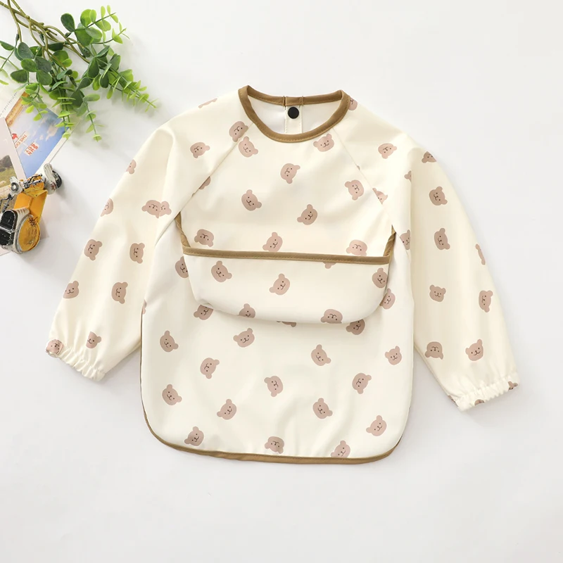 Infant Feeding Bibs Children Long sleeve Printed Art Smock Waterproof Boys Girls Anti-dirty Dining Aprons with Pocket Baby Stuff