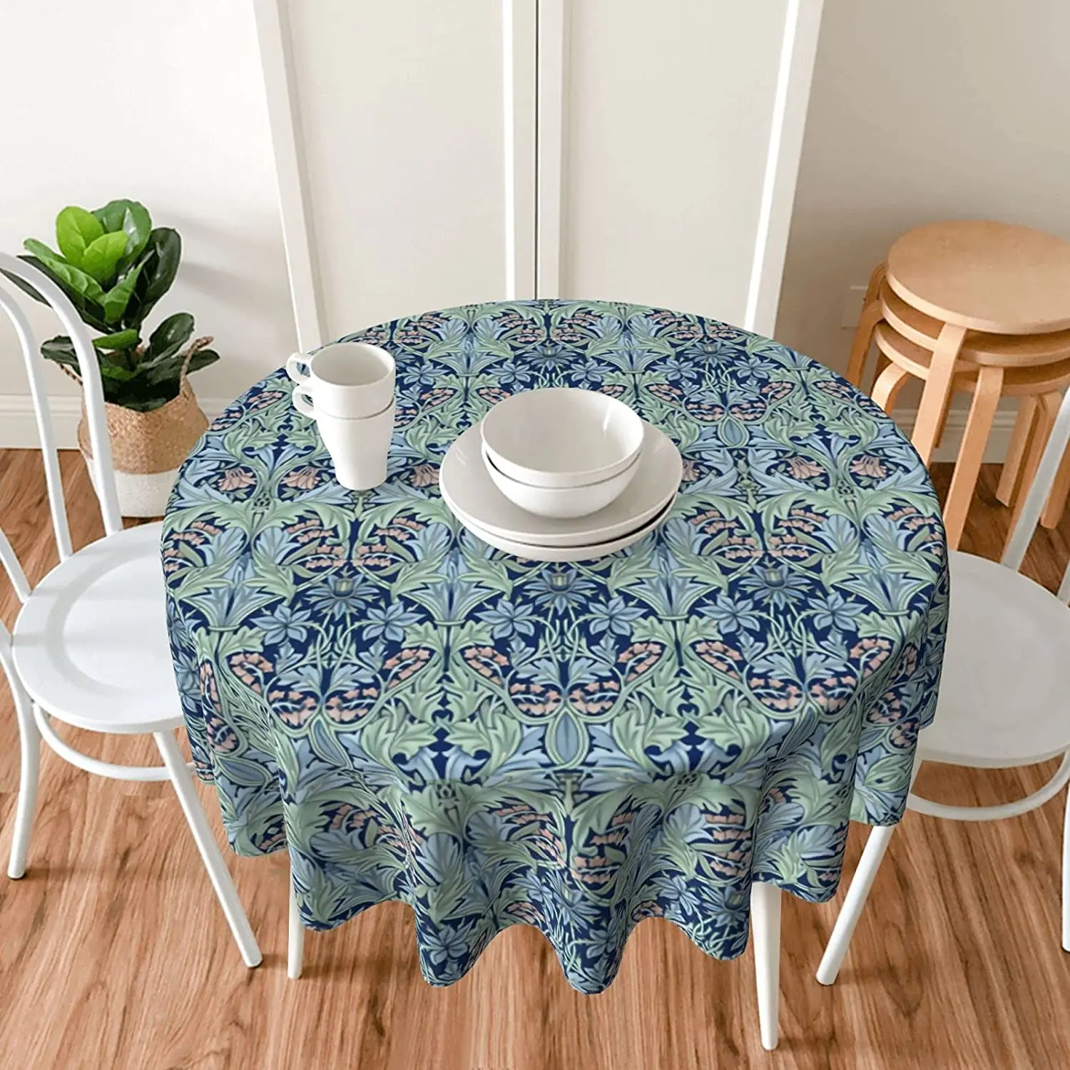 William Morris Bluebell Columbine Round Tablecloth 60 Inch Washable Polyester Tablecloth Water Resistant Spill Proof Table Cover