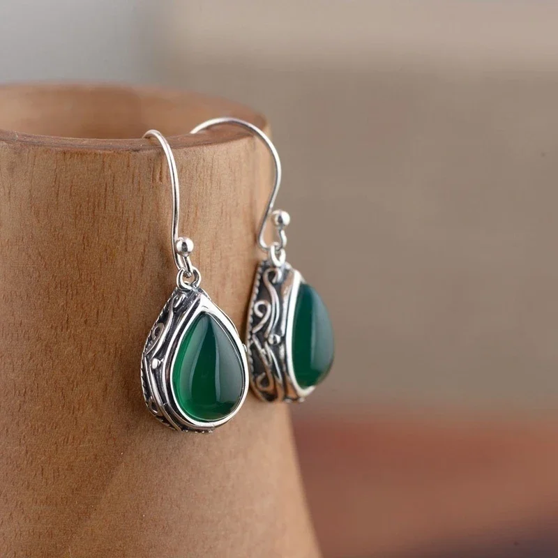 New Waterdrop Red/Green Stone Dangle Earrings for Women Newly Designed Vintage Silver Color Female Daily Wear 2024 Jewelry