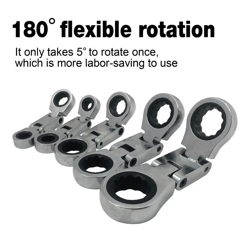 5pcs SAE Dual Flex Head Ratcheting Wrench Set, Double Box End, Flex-Head, Stubby SAE Combination Wrench Set