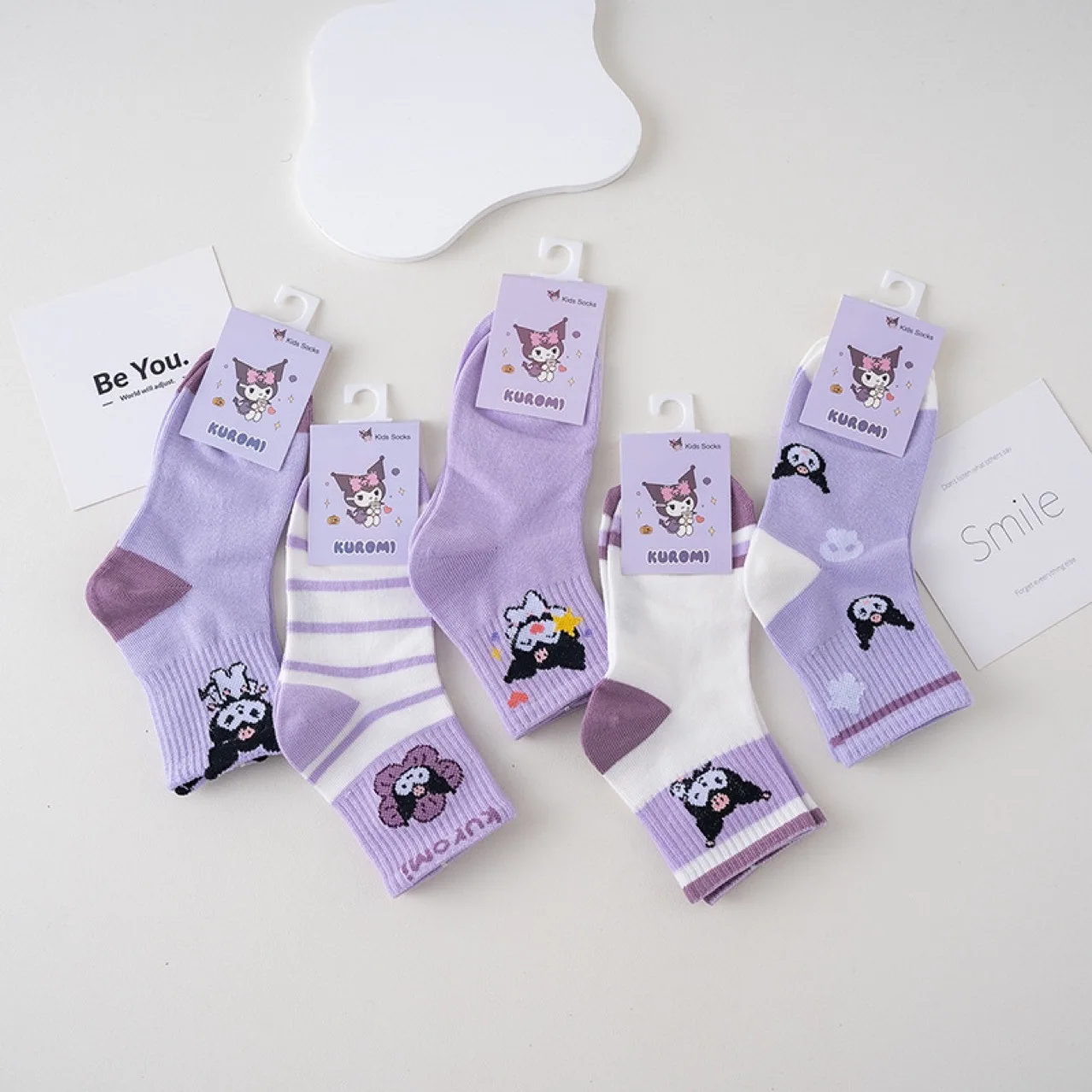 

5 Pairs Sanrio Kuromi Socks Spring and Summer Thin Breathable Kuromi Childrens Girl Sock Purple Movement Mid-calf Cotton Sock