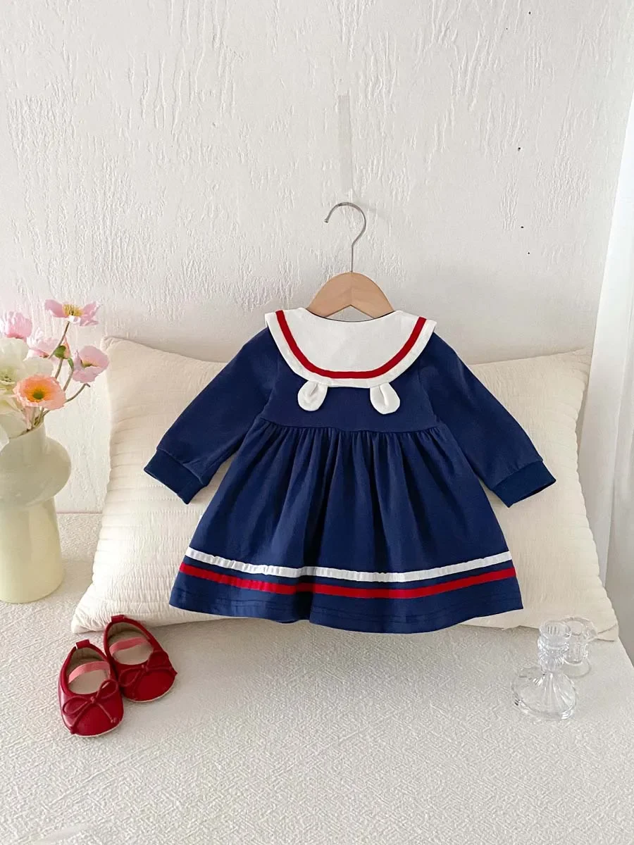 

Girls' Spring and Autumn College Style Doll Collar Bow Dress, Cute Long-Sleeved Dress for Girls, Very Suitable for Parties and O