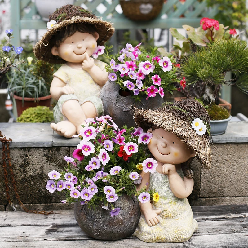 

Garden Boys and Girls Flower Pot Balcony Terrace Sculpture Decor Homestay Landscaping Ornament Outdoor Decorative Planter