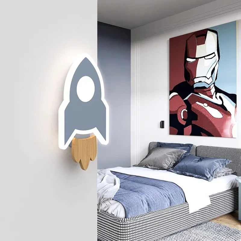 Lámpara de pared LED con cohete de dibujos animados, iluminación moderna para habitación de niños, dormitorio de niños, decoración de cabecera,