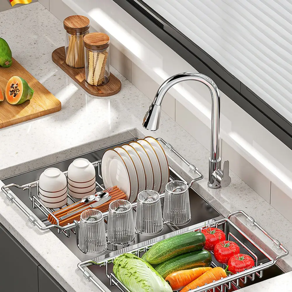 Adjustable Kitchen Dish Drying Rack Stainless Steel Retractable Sink Organizer Basket For Fruit Vegetable Washing Tools