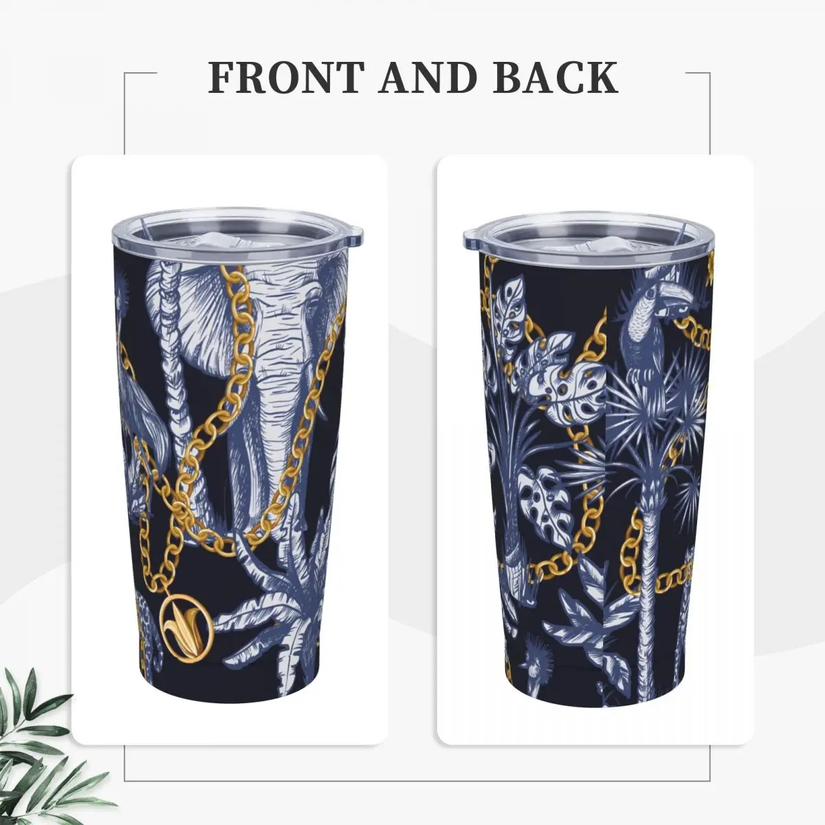 Stainless Steel Tumbler Gold Chains Print Mugs Cup Elephant And Tiger Travel Cold Drink Water Bottle Heat Large Thermal Mug