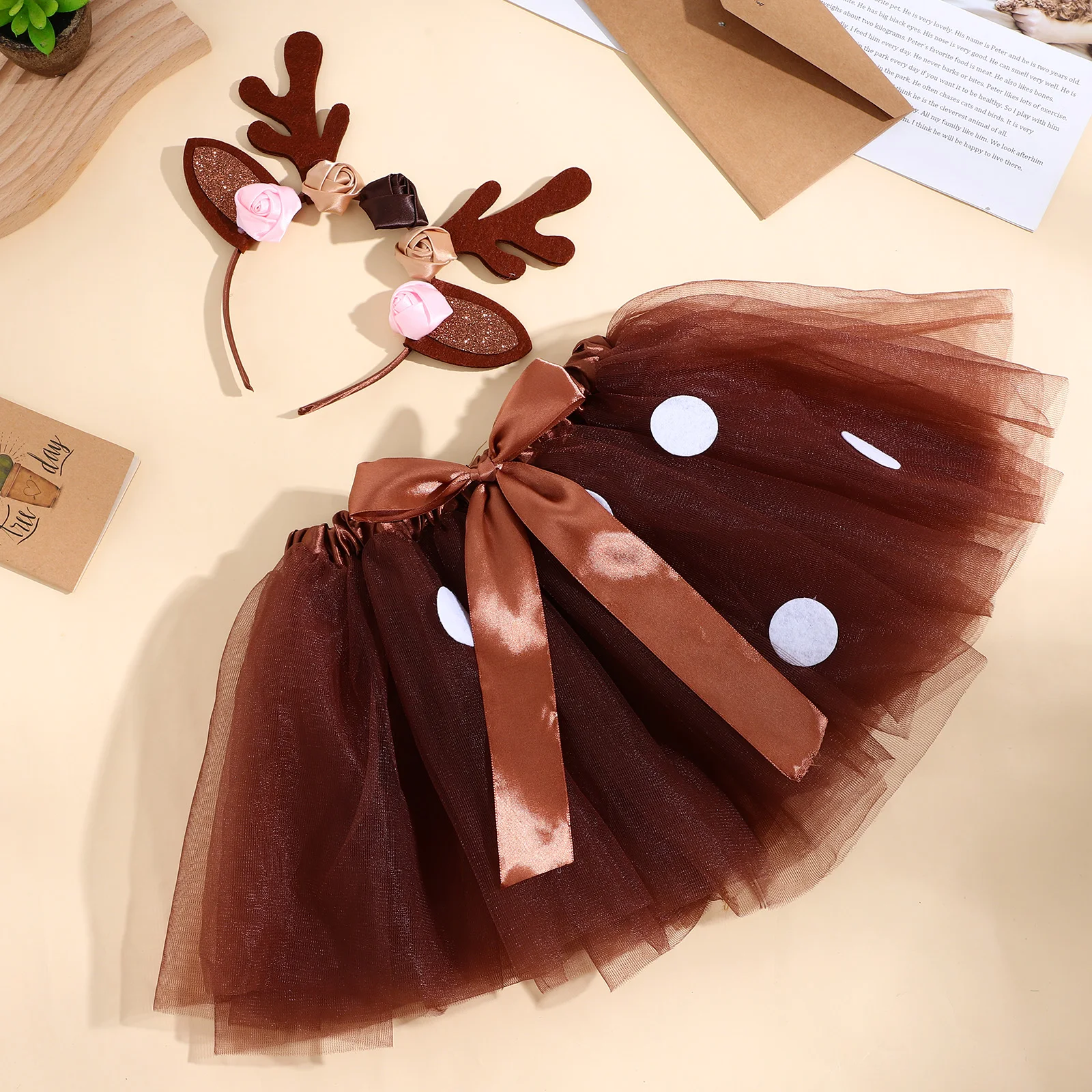 Elk Costume Set Girls Christmas Tutu Skirt Deer Outfit Accessories Antler Headband Animal Ears Reindeer Costume Polyester