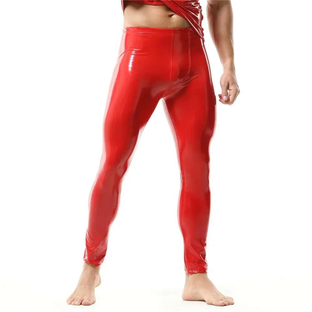 Black/Red Men\'s Leggings Patent Leather Tight Pants Slim PVC Skinny Long Trousers Nightclub Dance Stage Male Party Clubwear