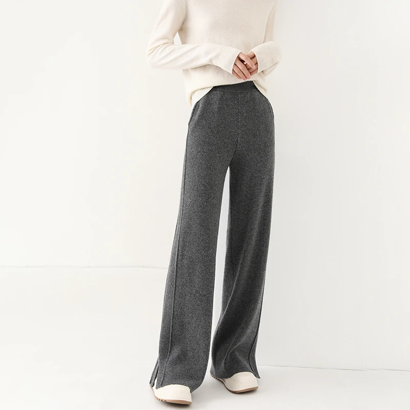 100% Australian wool knitted wide leg pants for women with sagging and split straight leg pants in autumn and winter