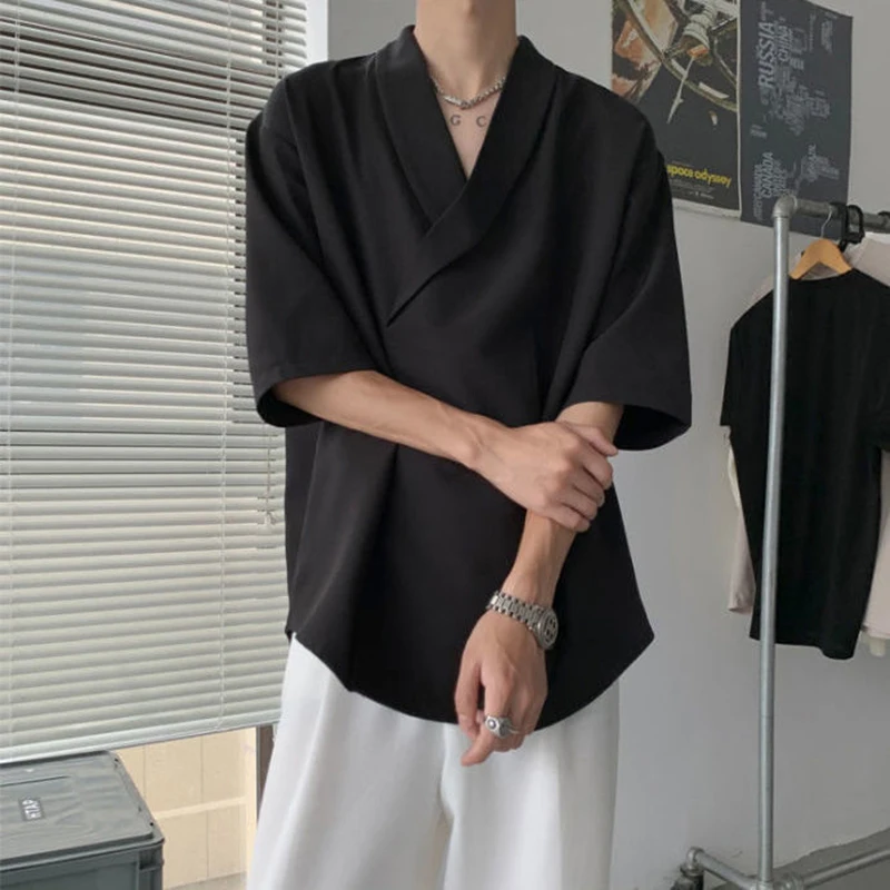 Japanese Style Streetwear Thin Oversized Summer V Neck Short Sleeve Men Sweatshirt Fashion Harajuku Casual T Shirt White Black