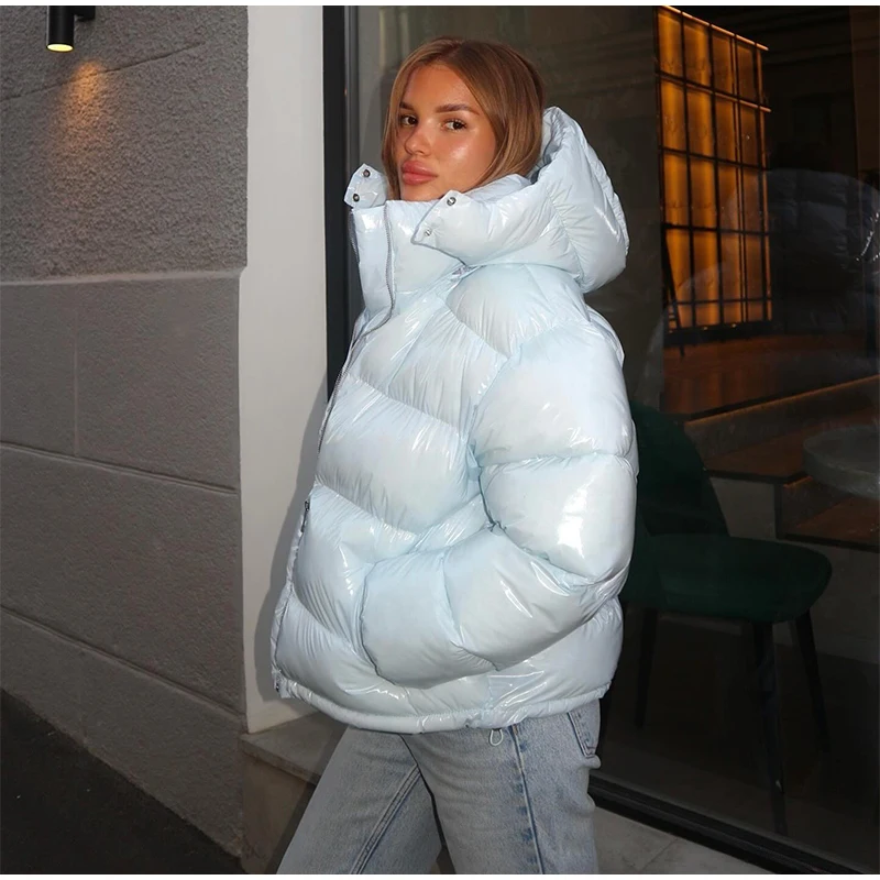 Fashion Glossy Padded Jacket Women's Solid Hooded Long Sleeve Zipper Warm Down Coat 2026 Autumn Winter New Lady Casual Outerwear