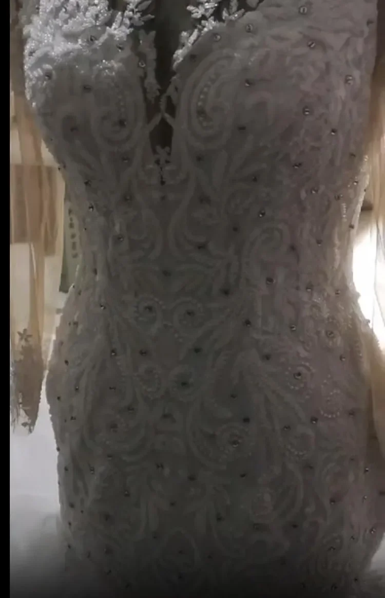 Vestido De Novia personalizado con cuello alto y apliques brillantes, Vestidos De Novia De manga larga con volantes en cascada, Vestidos De Novia De sirena