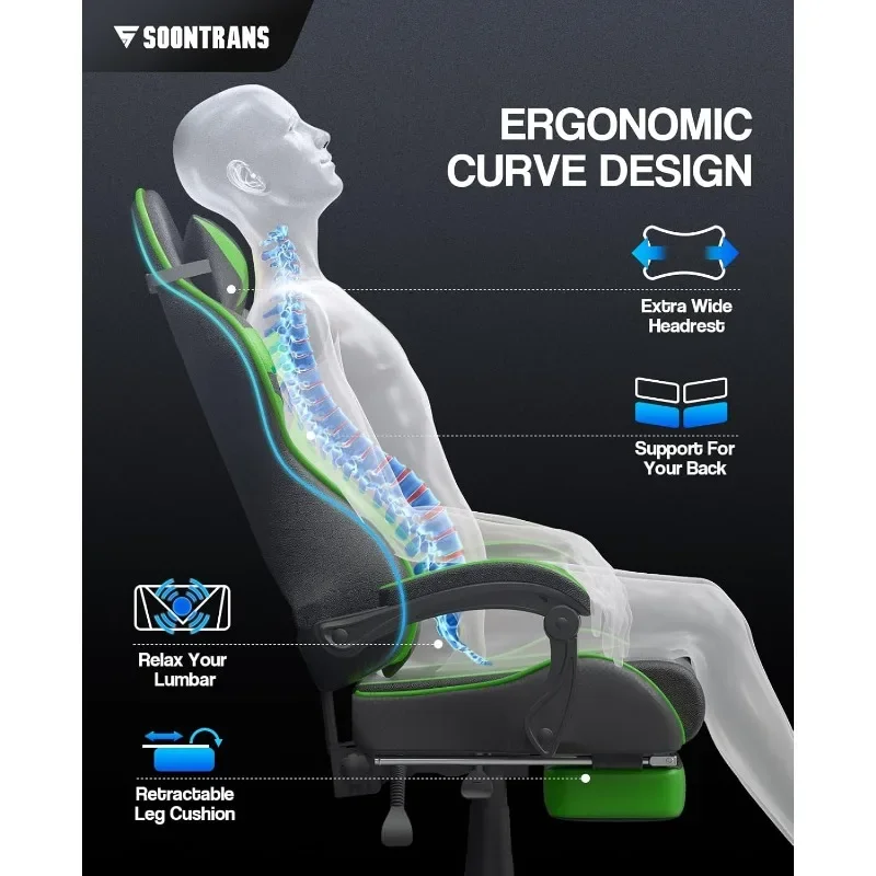 Soontrans Green Gaming Chair with Footrest,Racing Gaming Chair,Computer Gamer Chair,Ergonomic Game Chair
