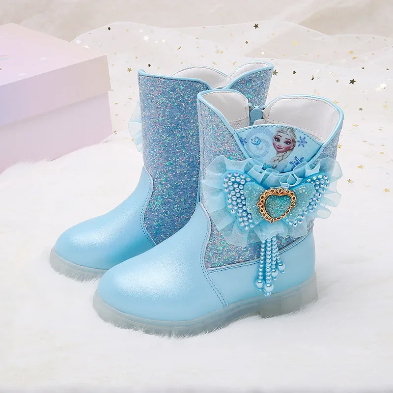 

Kids Girl Lace Polka Dot Bow Boot Children Autumn Winter Side Zipper Leather Boot Fashion Front Lacing Mid-Leg Boots Solid Color
