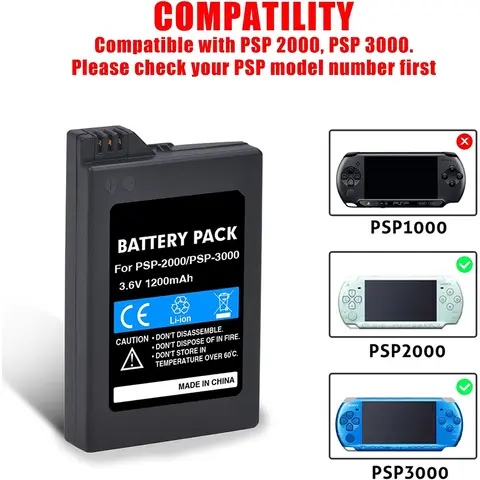 for Sony PSP2000/3000 3.6V 1200mAh Lithium Ion Rechargeable Battery Replacement Battery for Sony PSP 2000/3000 PSP-S110 Console