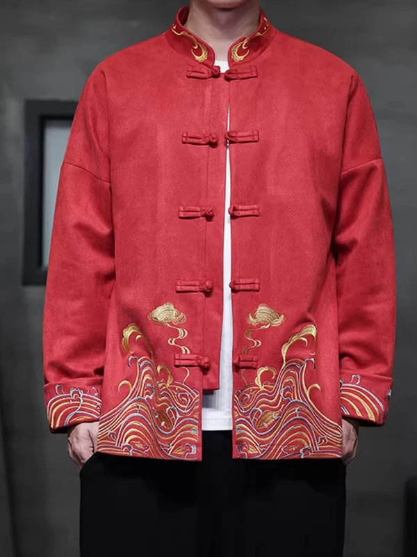 

Новая осенне-зимняя мужская рубашка-ханьфу с вышивкой, воротником-стойкой, на пуговицах, в стиле ретро, китайский костюм Тан, свободный крой...