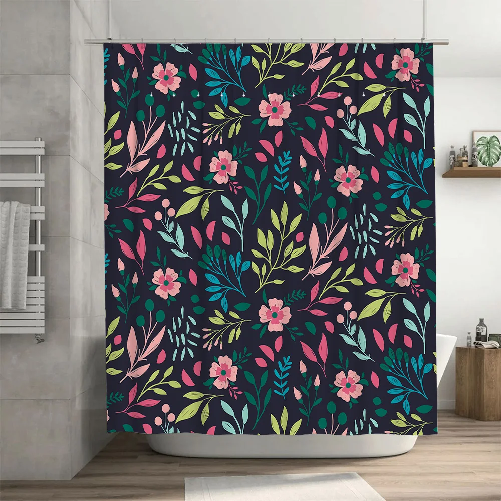 مجموعة ستائر الدش الزهرية متعددة الألوان لديكور حمام الزهور للديكور المنزلي لون أزرق داكن مع طباعة زهور وردية على القماش 72 #3