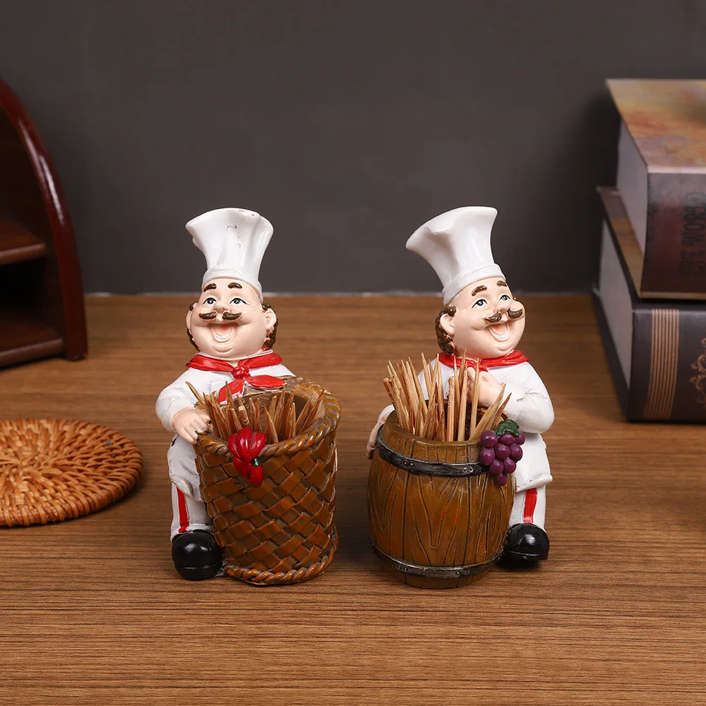 2PC Charming Chef-Themed Toothpick Holder with Wooden Bucket - Resin, No Power Needed, Perfect for Home & Party Decor