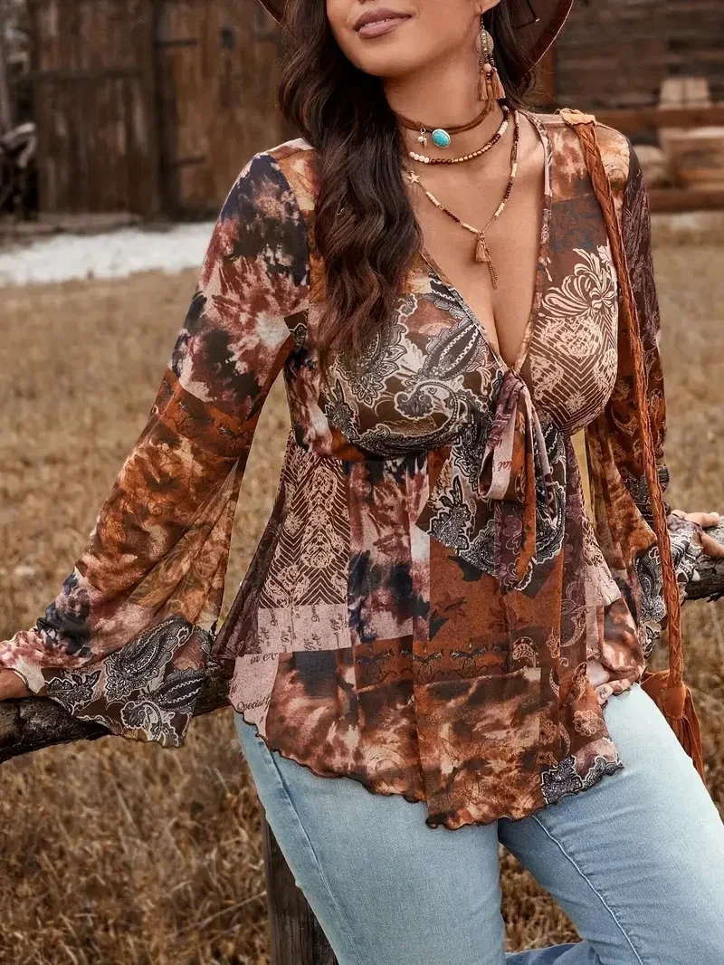 بلوزة شبكية عصرية بمقاس كبير مع مرقع مضلع مثير وحجم موسع للسيدات - ربطة عنق حريرية رائعة وأكمام طويلة