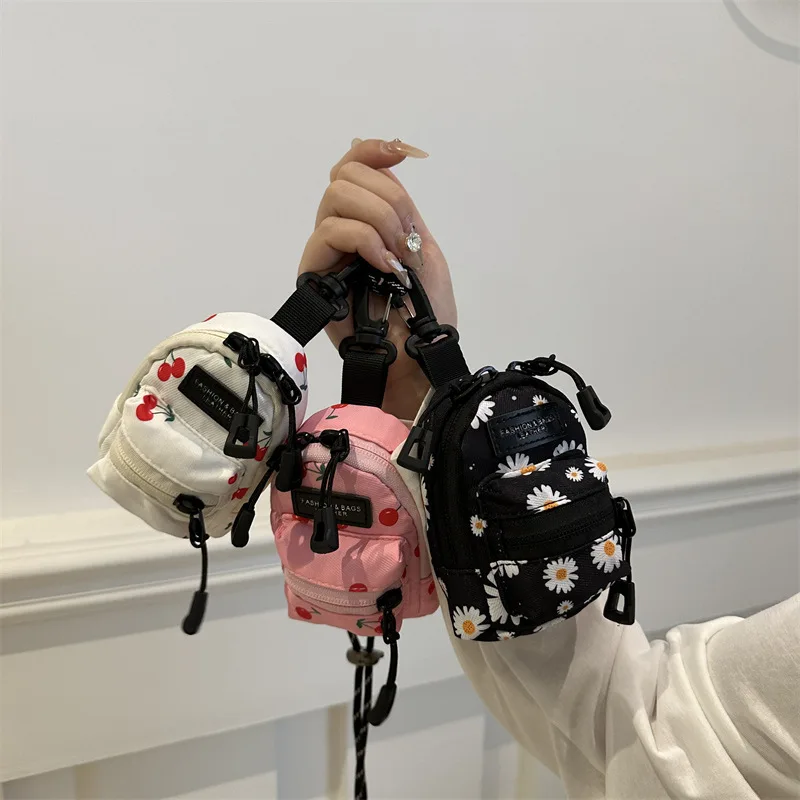 Cute Mini Backpack Coin Purse For Women Floral Cherry Printed Earphone Case Pouch Key Chain Small Neck Hanging Crossbody Bag