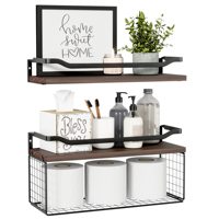 Floating Shelves with Wire Storage Basket, Bathroom Shelves Over Toilet with Protective Metal Guardrail