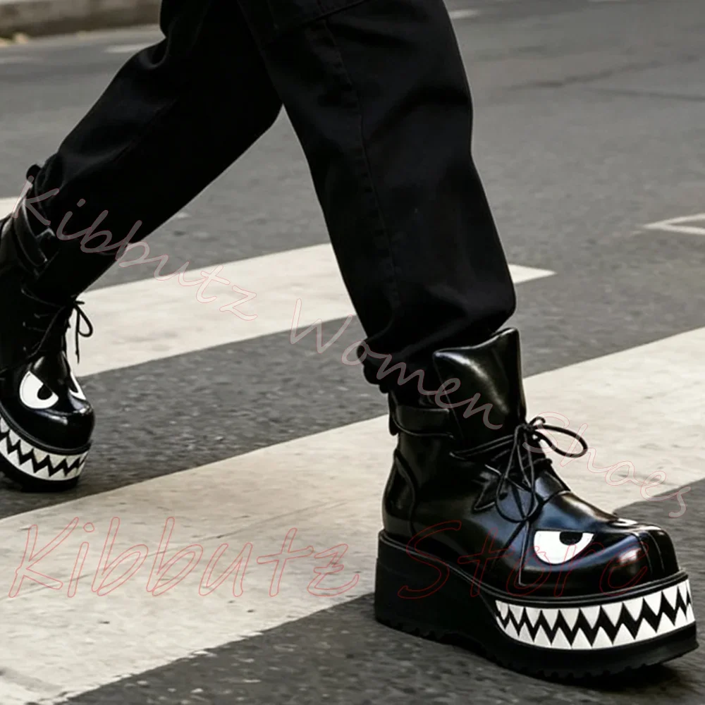 Monster Face Platform Ankle Boot Shark Teeth Women Gothic Lace Up Punk Thick Sole Wedge Heel Round Toe Shoes Leather Fashion New