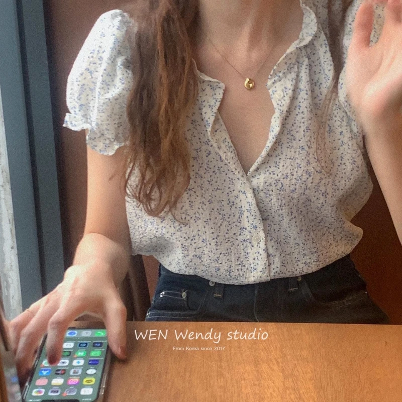 2024 New Summer Korean Version Fashionable and Sweet Short Sleeved Blouses Round Neck Printed Pleated Button Women's Shirt Top