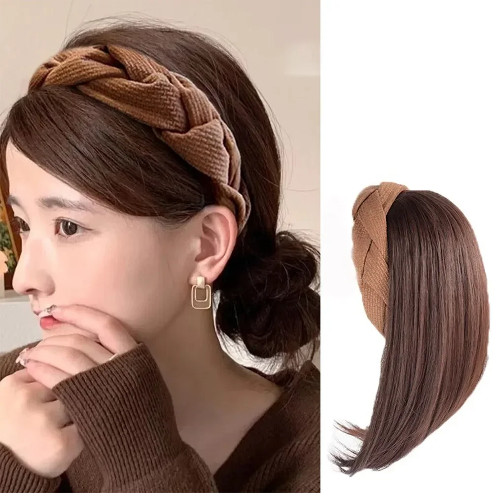 2024 New Hairband Synthetic Wig Short Braid Hair Natural Smooth Half Head Cover Tracless Hair Extensions