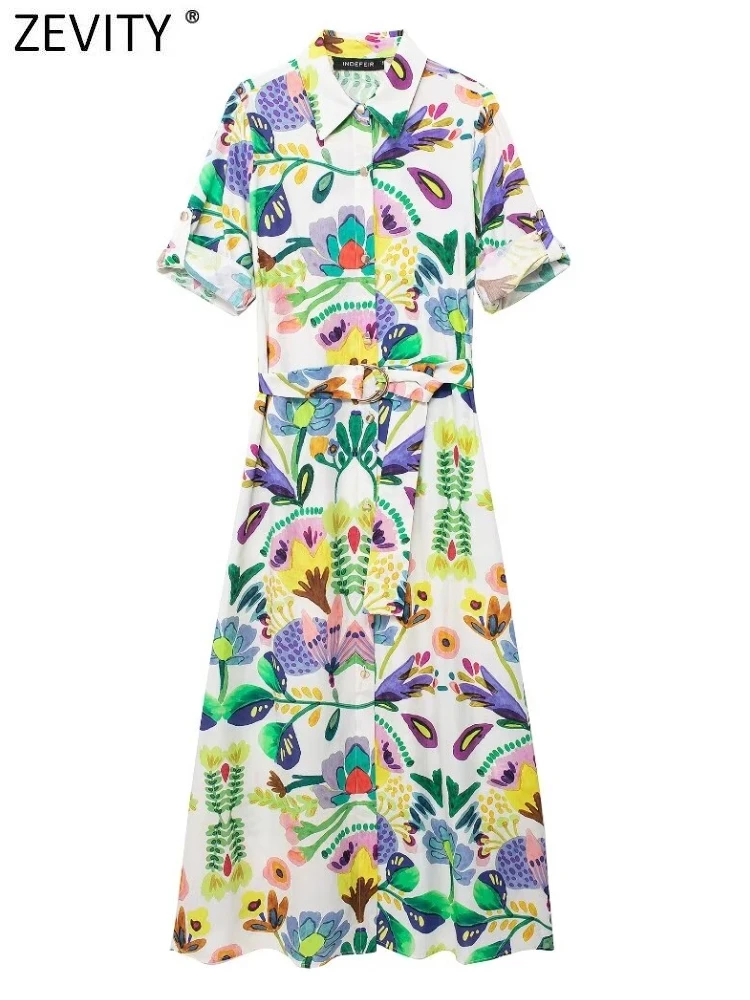 Zevity New 2024 Women Vintage Green Floral Print Sashes Midi Dress Female Chic Short Sleeve Roll Up A Line Party Vestidos DS614