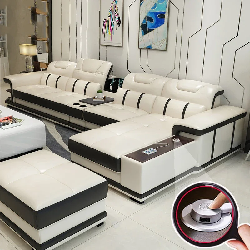 

Luxury living room furniture sofa 6-piece segmented L-shaped leather sofa set with professional audio function