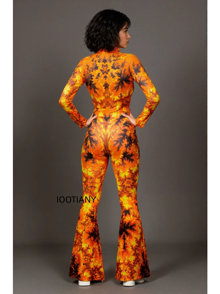 Damen Retro Orange Flammen-Jumpsuit für Musikfestivals, Bühnentanz, Halloween-Party, Cosplay, Bodysuit mit schmal geschnittenen Schlaghosen – Detail 5